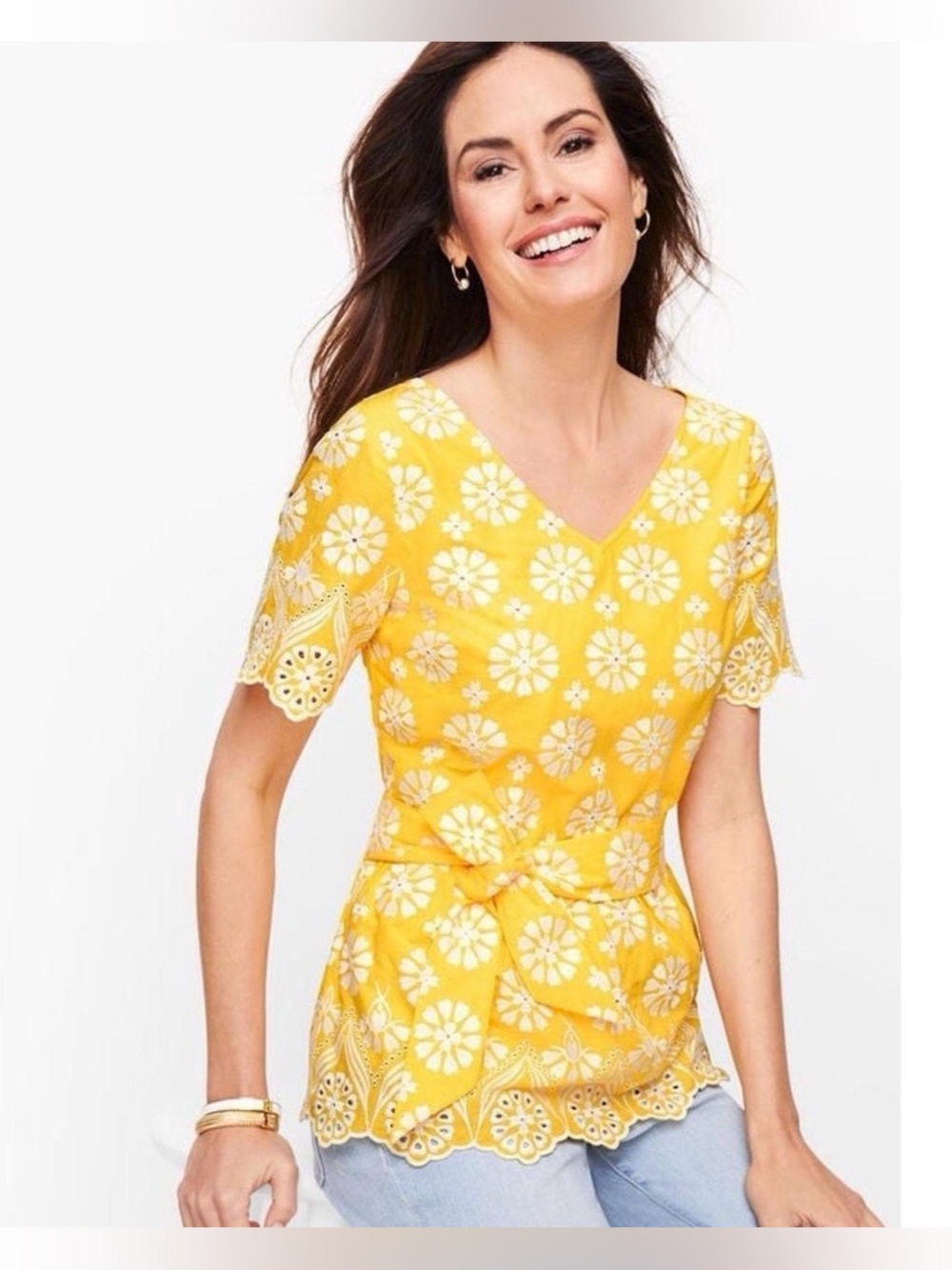 Talbots Yellow Eyelet Tie-Front V-Neck Top